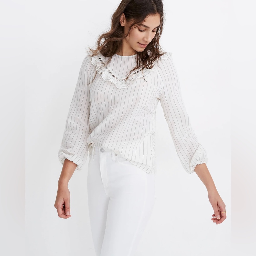 Ruffle-Yoke Prairie Top in Pinstripe NWT
